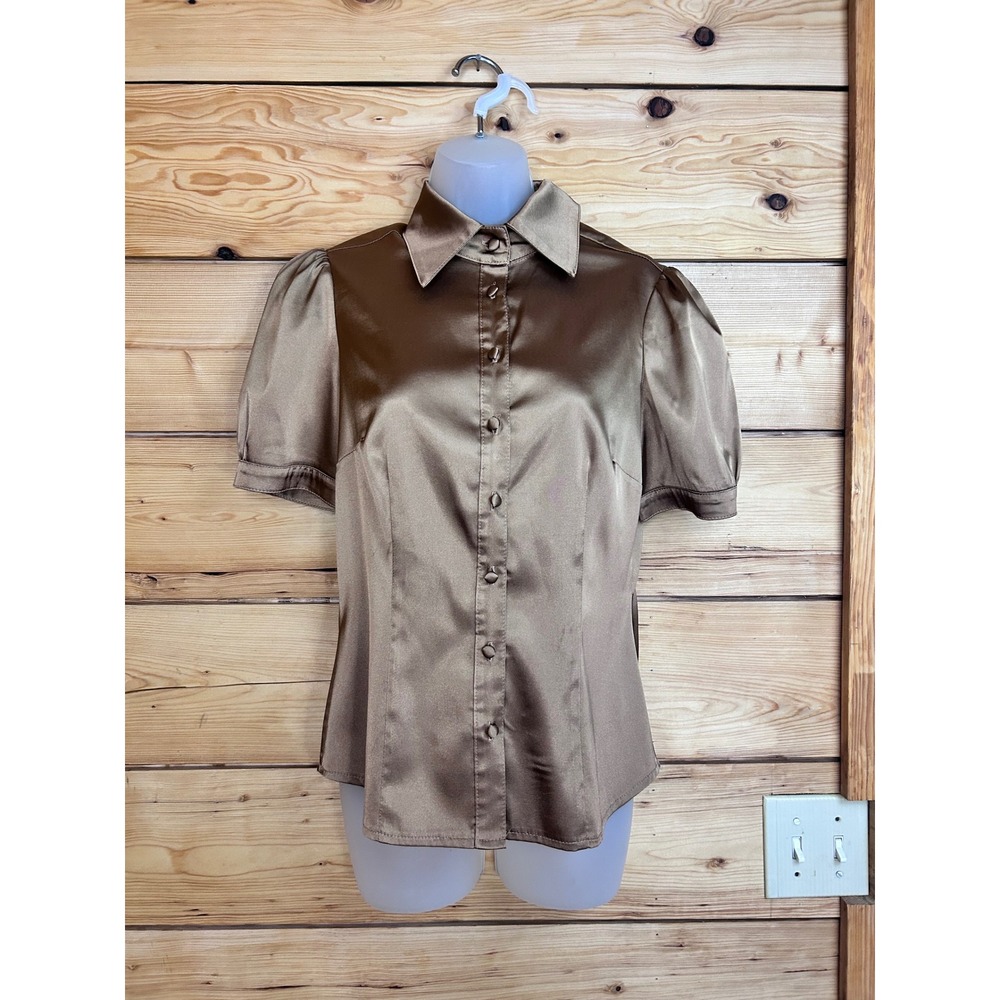 Vintage Le Chateau Bronze Gold Satin Puff Sleeve Button Down Blouse Small Canada